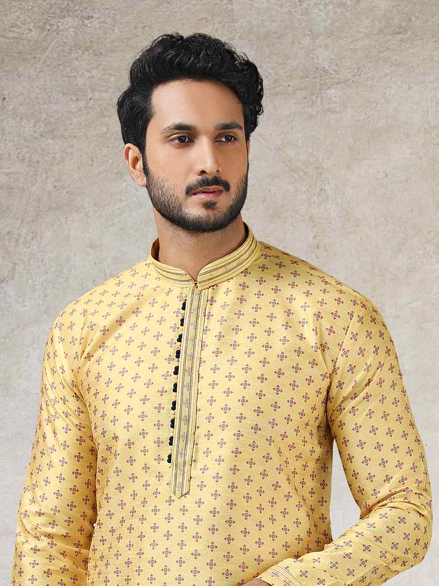 Yellow Art Silk Printed Festival Kurta