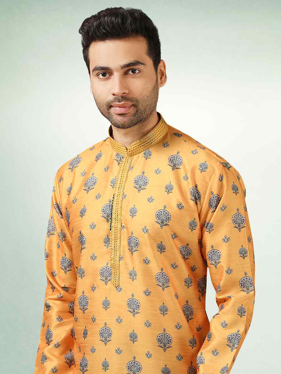 Yellow Art Silk Printed Festival Kurta