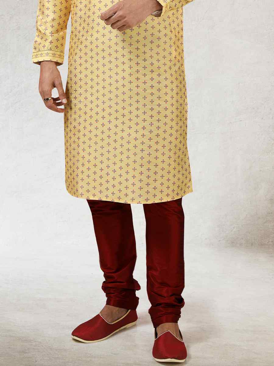 Yellow Art Silk Printed Festival Kurta