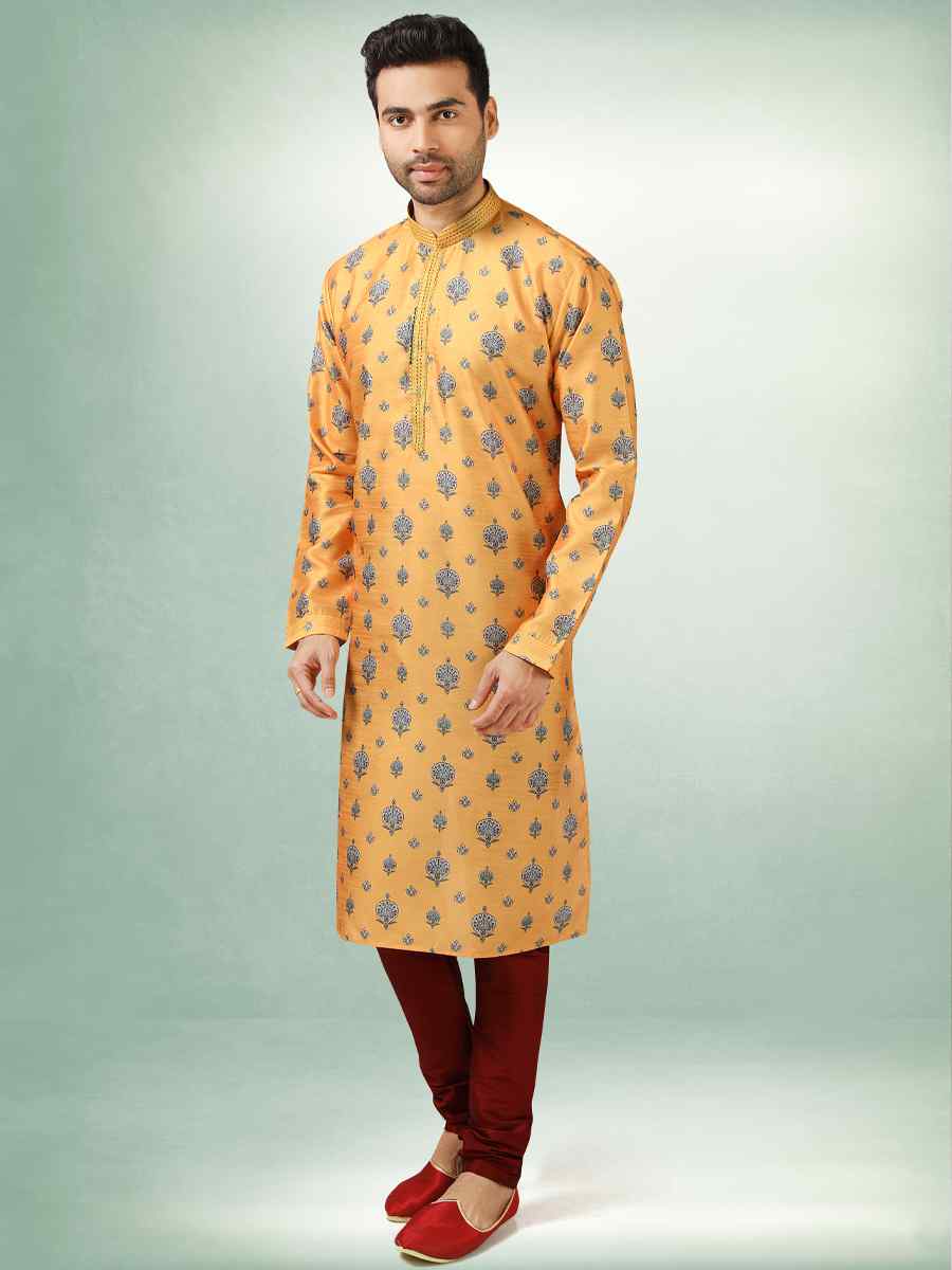 Yellow Art Silk Printed Festival Kurta