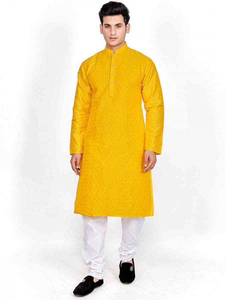 Yellow Art Silk Woven Festival Kurta