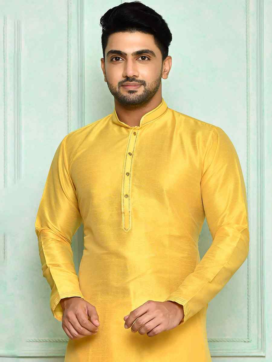 Yellow Art Silk Woven Festival Kurta