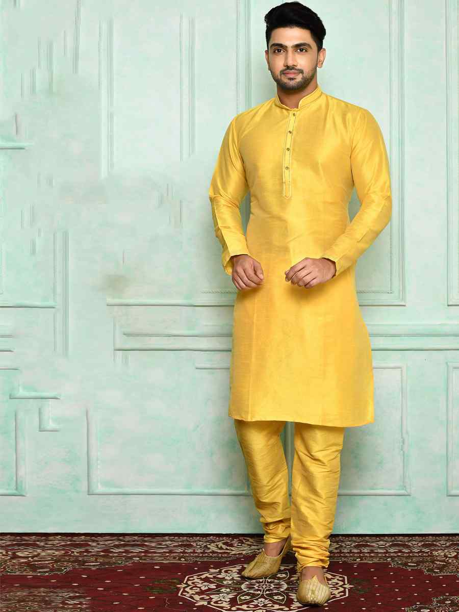 Yellow Art Silk Woven Festival Kurta