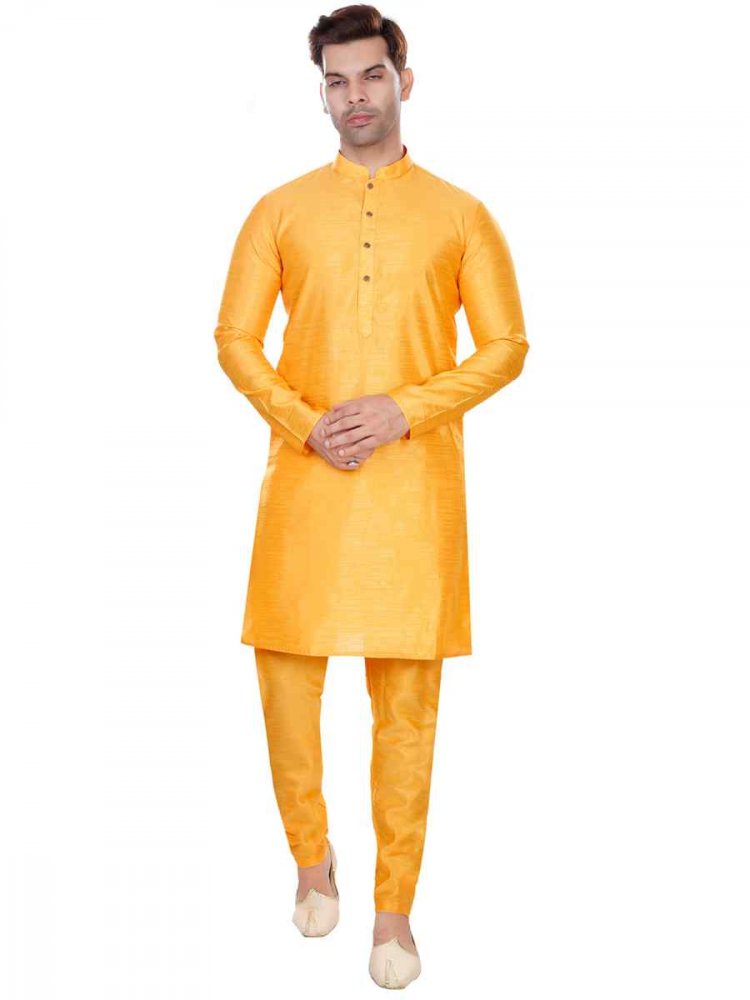 Yellow Art Silk Woven Festival Party Kurta