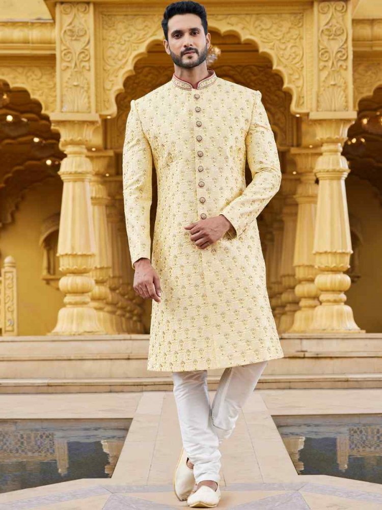 Yellow Art Silk Woven Wedding Groom Sherwani