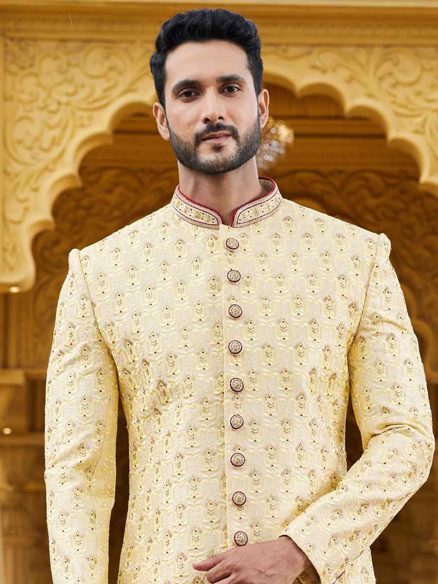 Yellow Art Silk Woven Wedding Groom Sherwani