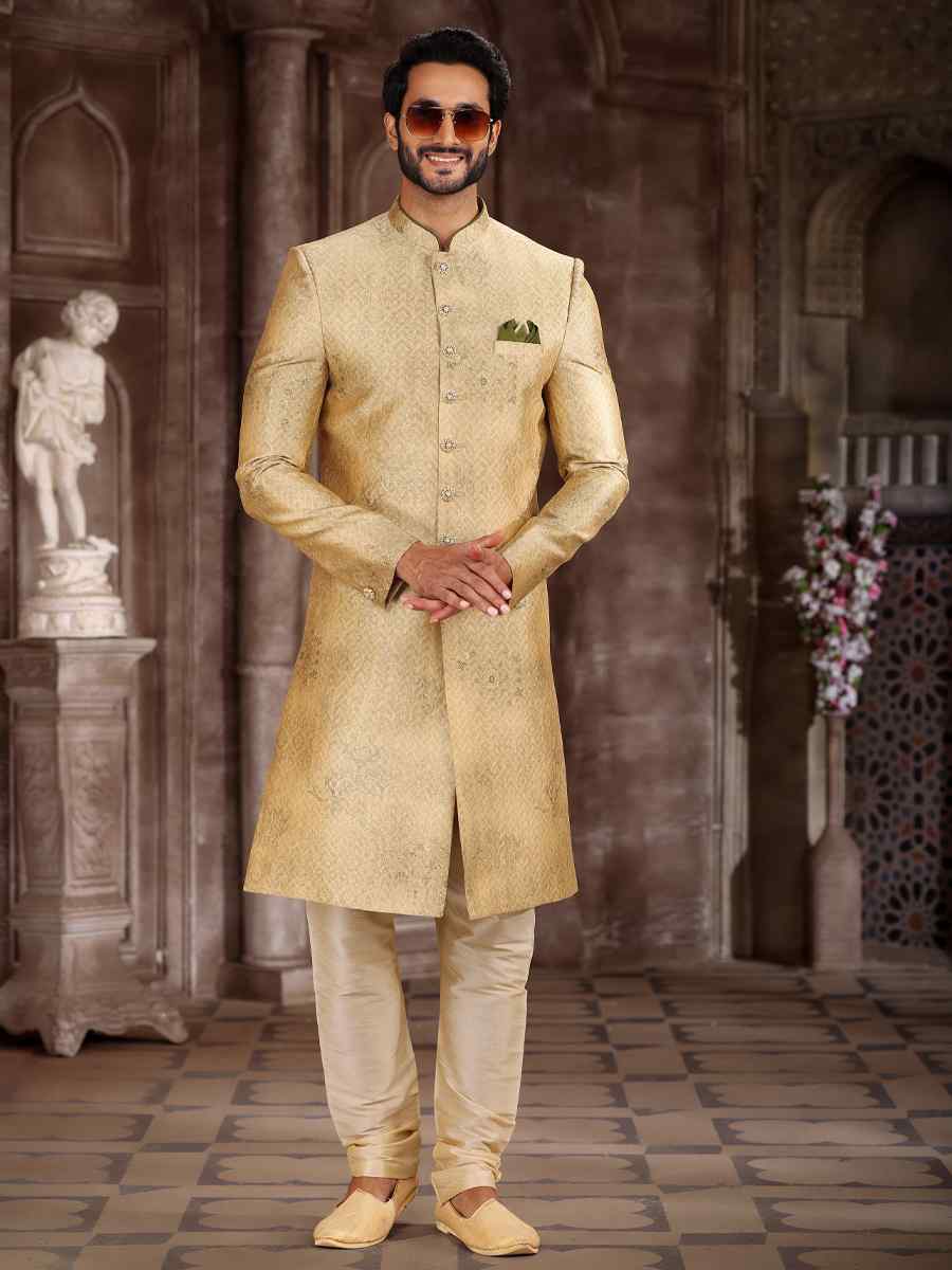 Yellow Art Silk Woven Wedding Party Sherwani