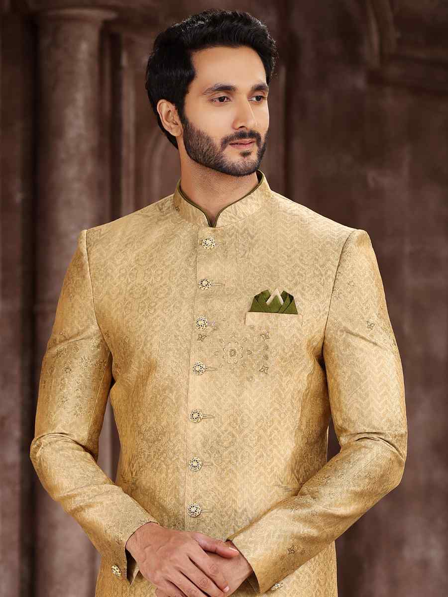 Yellow Art Silk Woven Wedding Party Sherwani