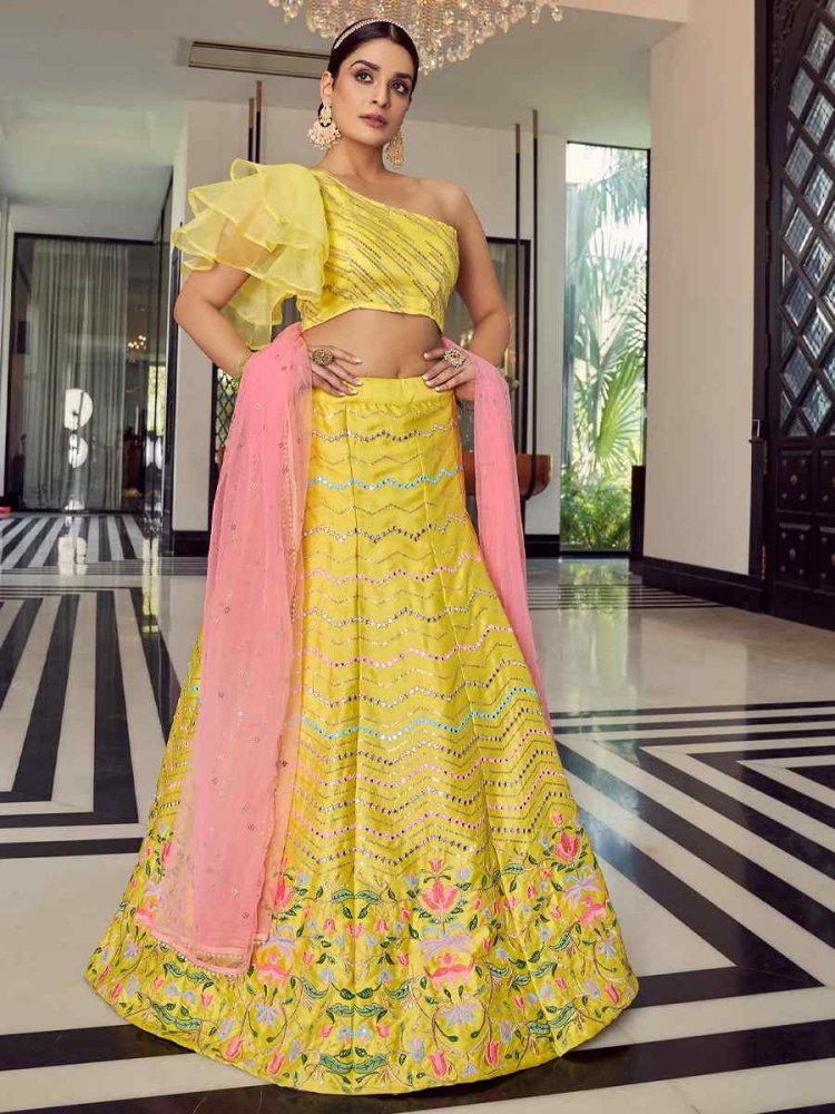 Yellow Art Silk Zari Sequins Bridesmaid Reception Heavy Border Lehenga Choli