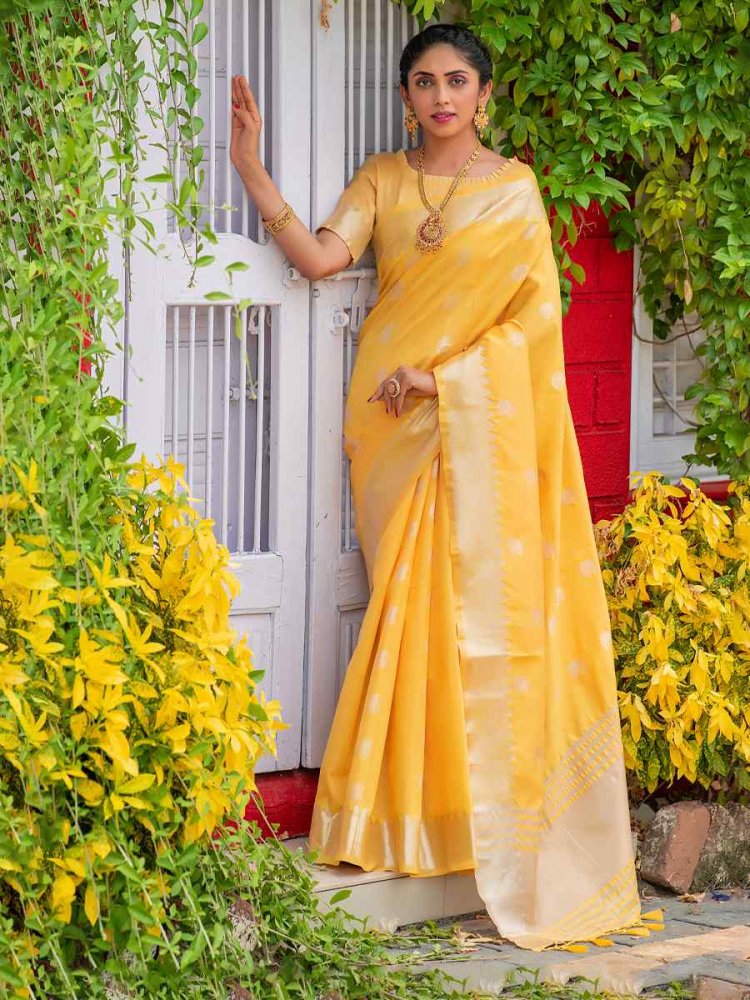 Yellow Assam Silk Handwoven Wedding Festival Heavy Border Saree