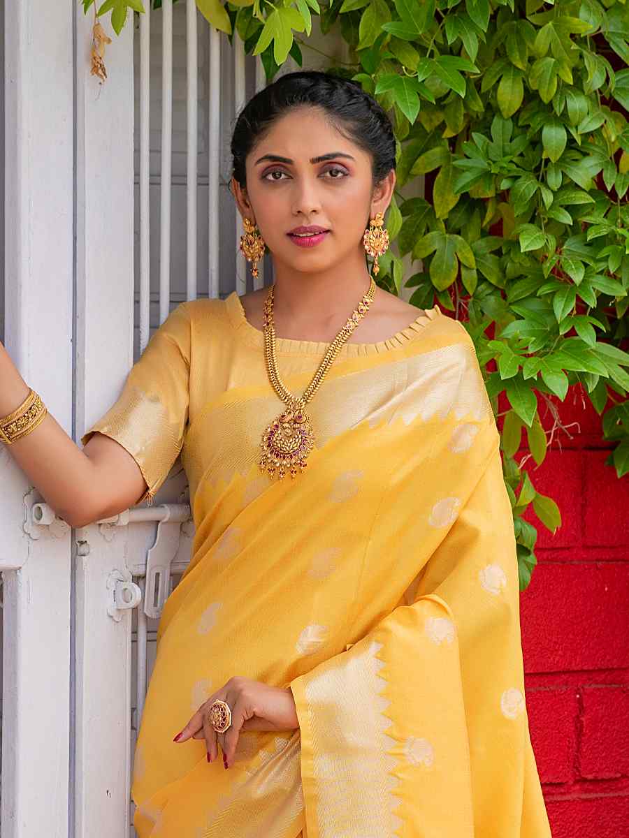 Yellow Assam Silk Handwoven Wedding Festival Heavy Border Saree