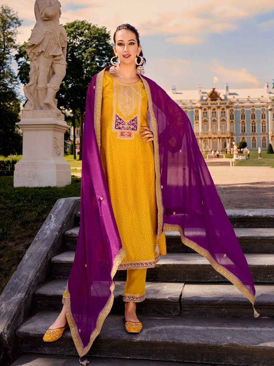 Yellow Bambarg Russian Silk Embroidery Digital Printed Wedding Party Festival Casual Pant Salwar Kameez