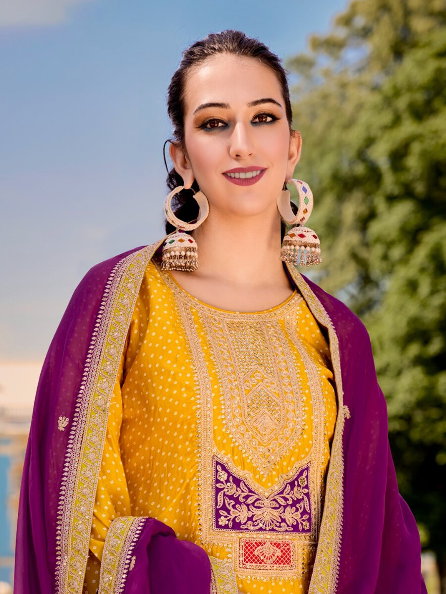 Yellow Bambarg Russian Silk Embroidery Digital Printed Wedding Party Festival Casual Pant Salwar Kameez