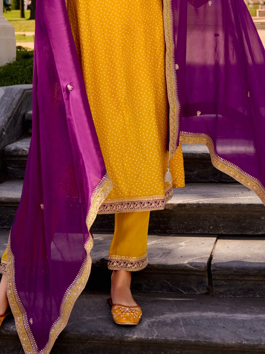 Yellow Bambarg Russian Silk Embroidery Digital Printed Wedding Party Festival Casual Pant Salwar Kameez