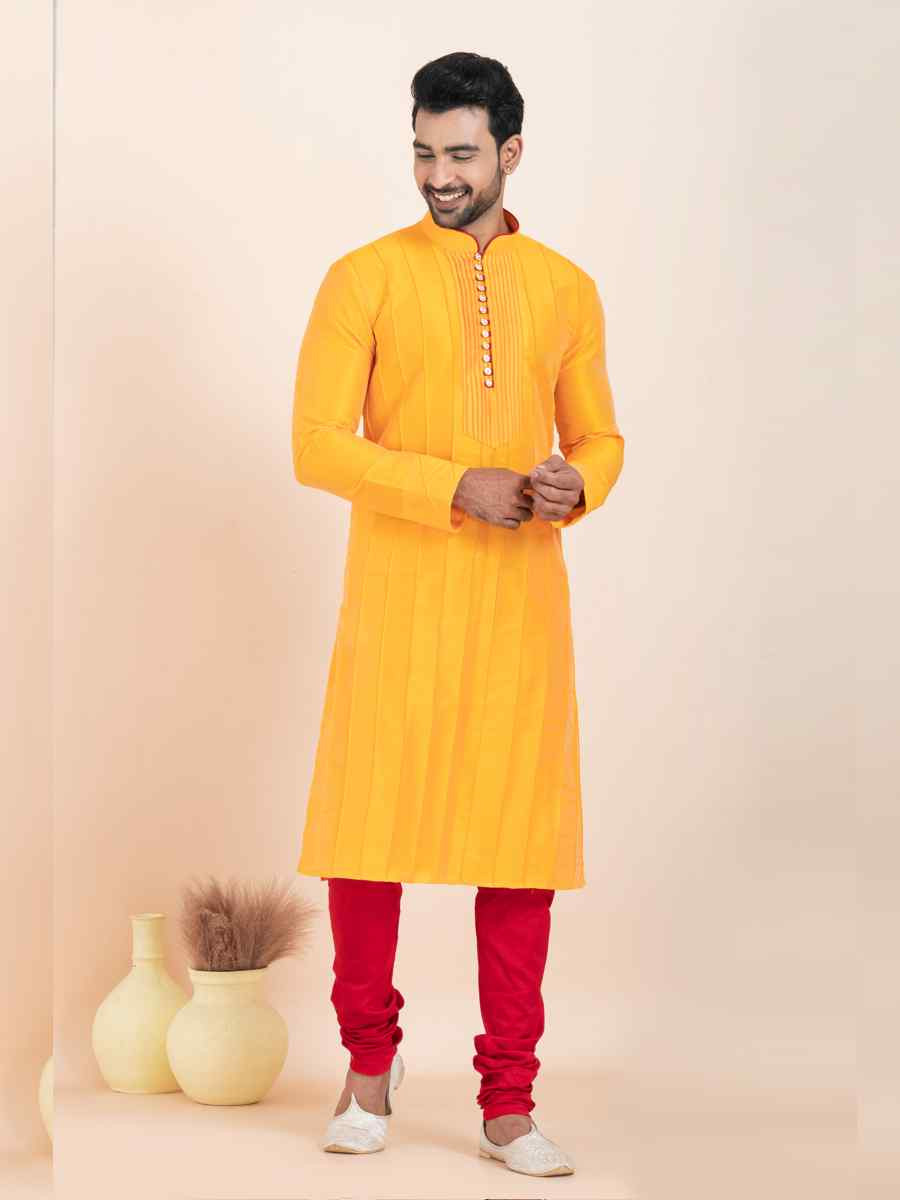 Yellow Banarasi Dupion Silk Printed Festival Wedding Kurta Pyjama Men039s Wear