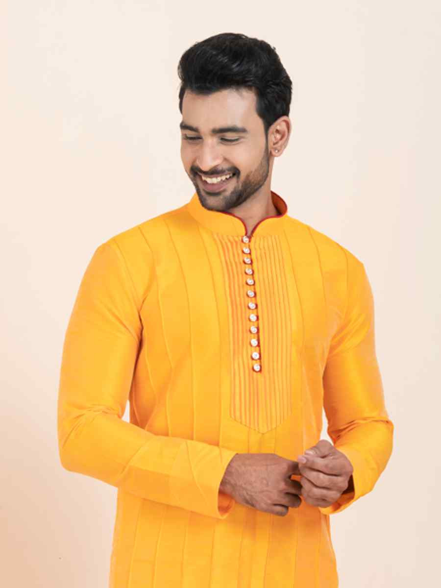 Yellow Banarasi Dupion Silk Printed Festival Wedding Kurta Pyjama Men039s Wear