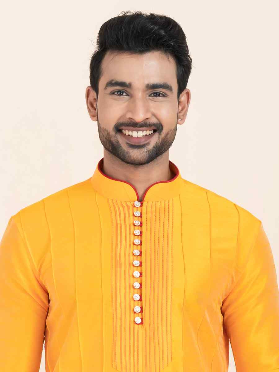 Yellow Banarasi Dupion Silk Printed Festival Wedding Kurta Pyjama Men039s Wear