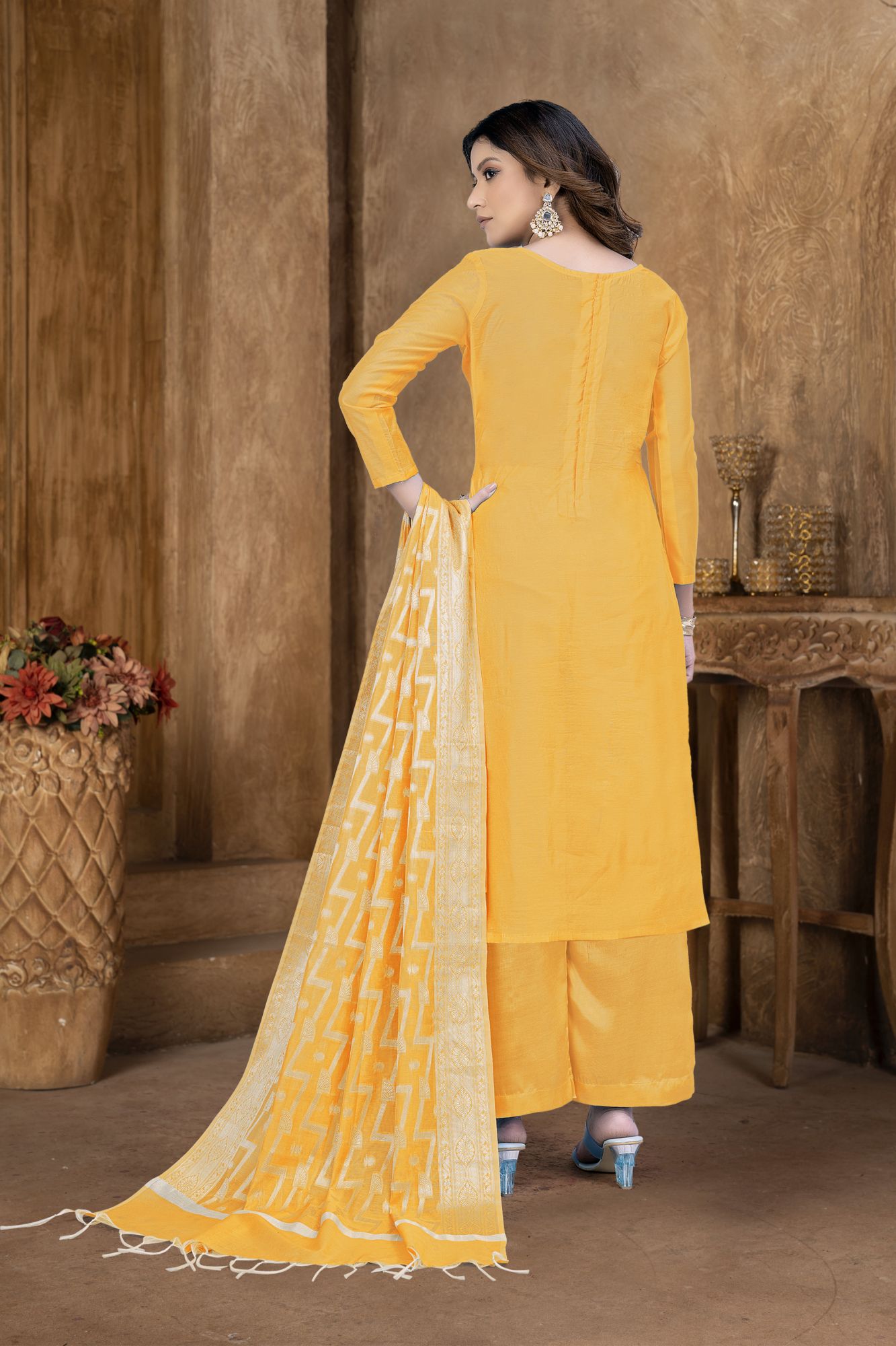 Yellow Banarasi Jacquard Embroidered Festival Party Pant Salwar Kameez