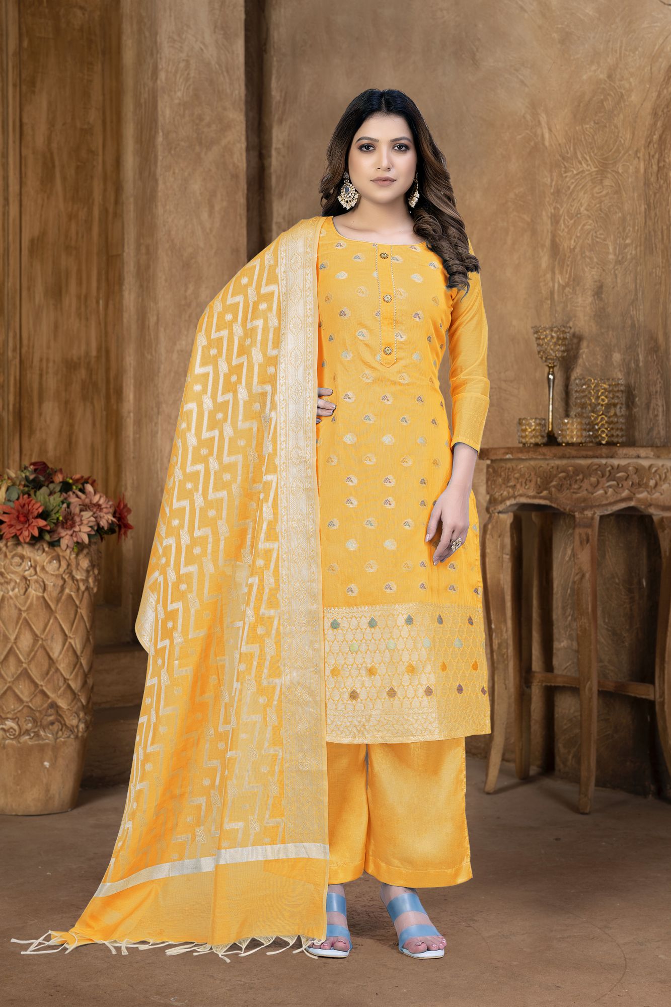 Yellow Banarasi Jacquard Embroidered Festival Party Pant Salwar Kameez