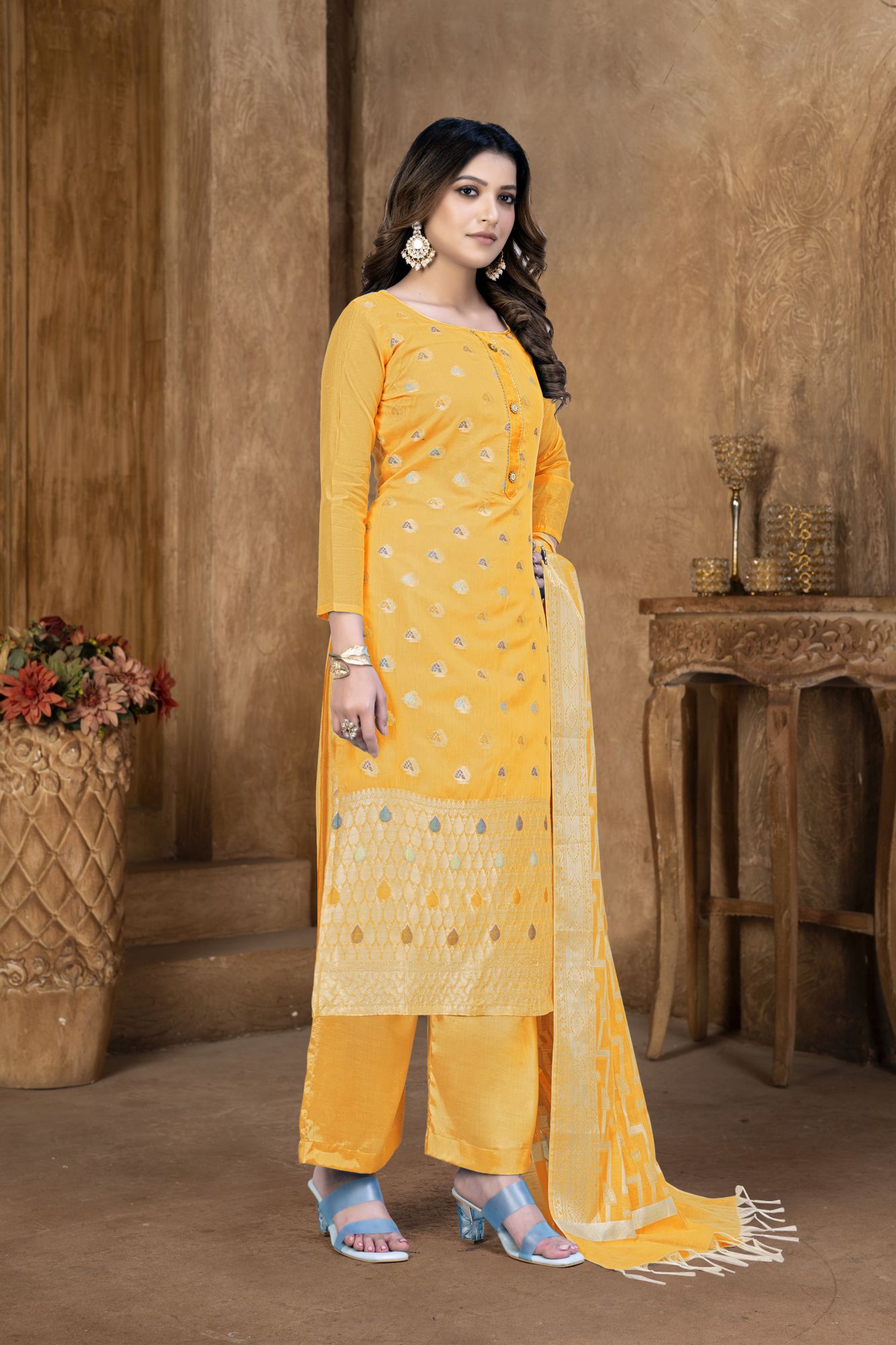 Yellow Banarasi Jacquard Embroidered Festival Party Pant Salwar Kameez
