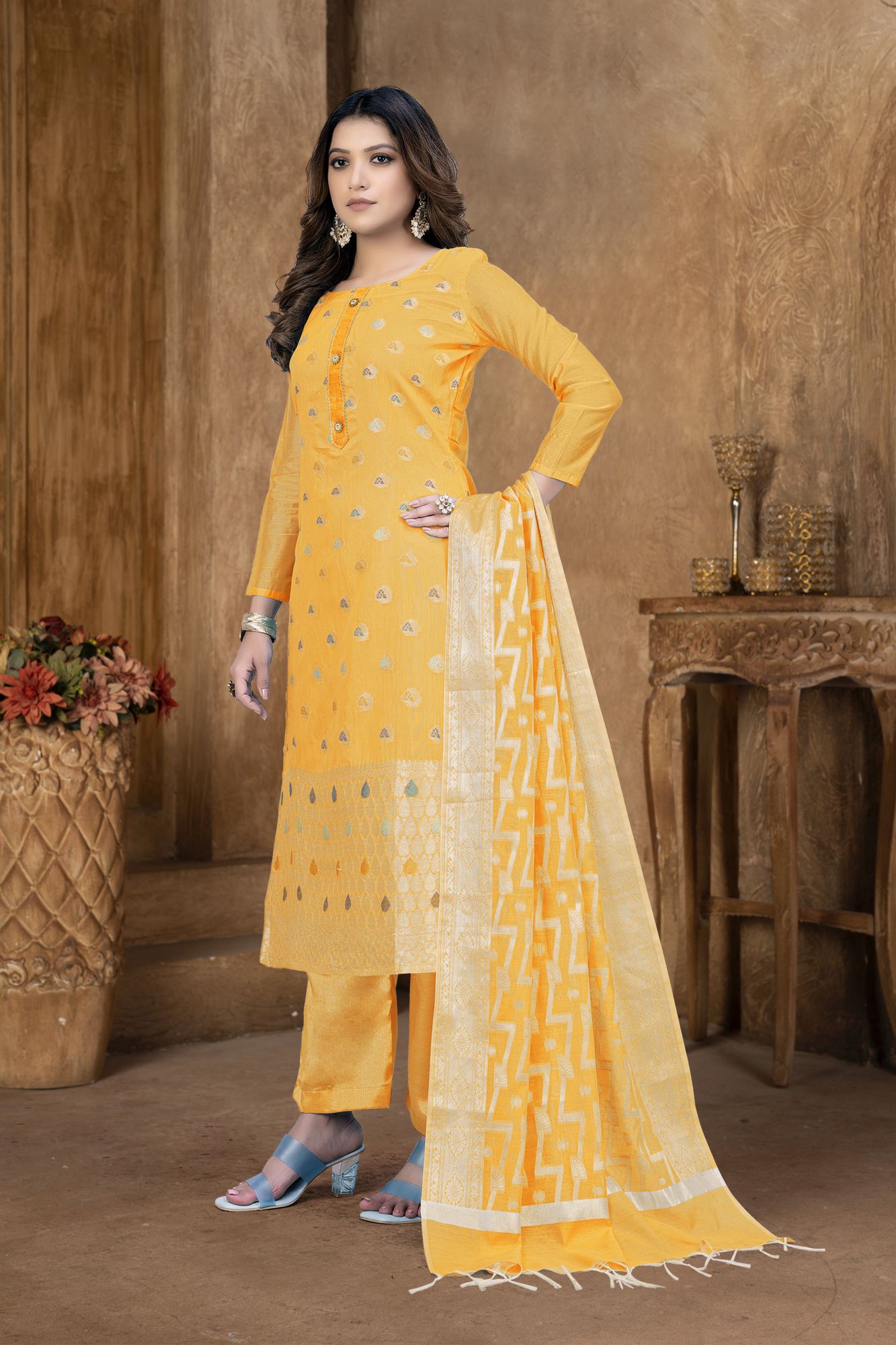 Yellow Banarasi Jacquard Embroidered Festival Party Pant Salwar Kameez