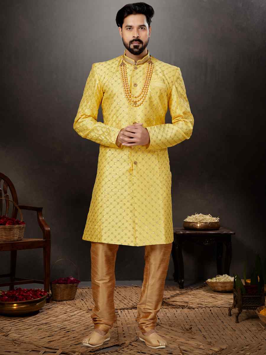 Yellow Banarasi Jacquard Embroidered Festival Wedding Sherwani