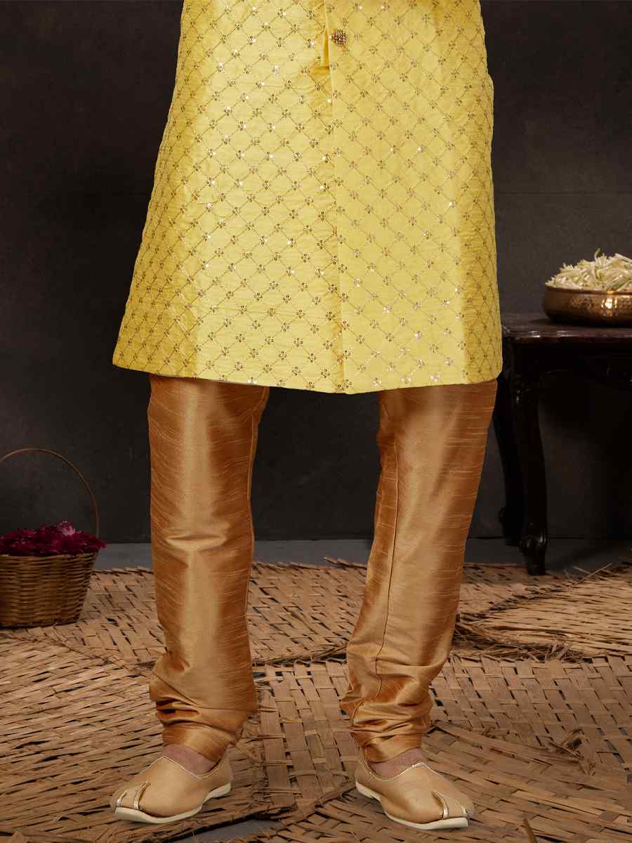 Yellow Banarasi Jacquard Embroidered Festival Wedding Sherwani