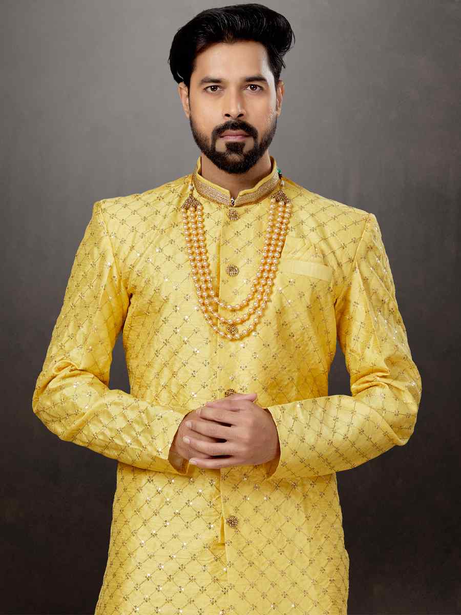 Yellow Banarasi Jacquard Embroidered Festival Wedding Sherwani