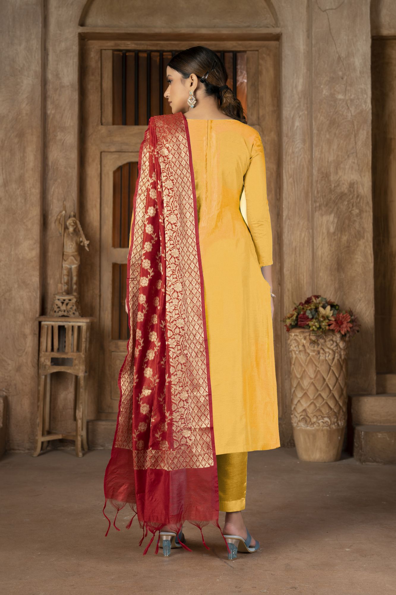 Yellow Banarasi Jacquard Embroidery Festival Party Pant Salwar Kameez