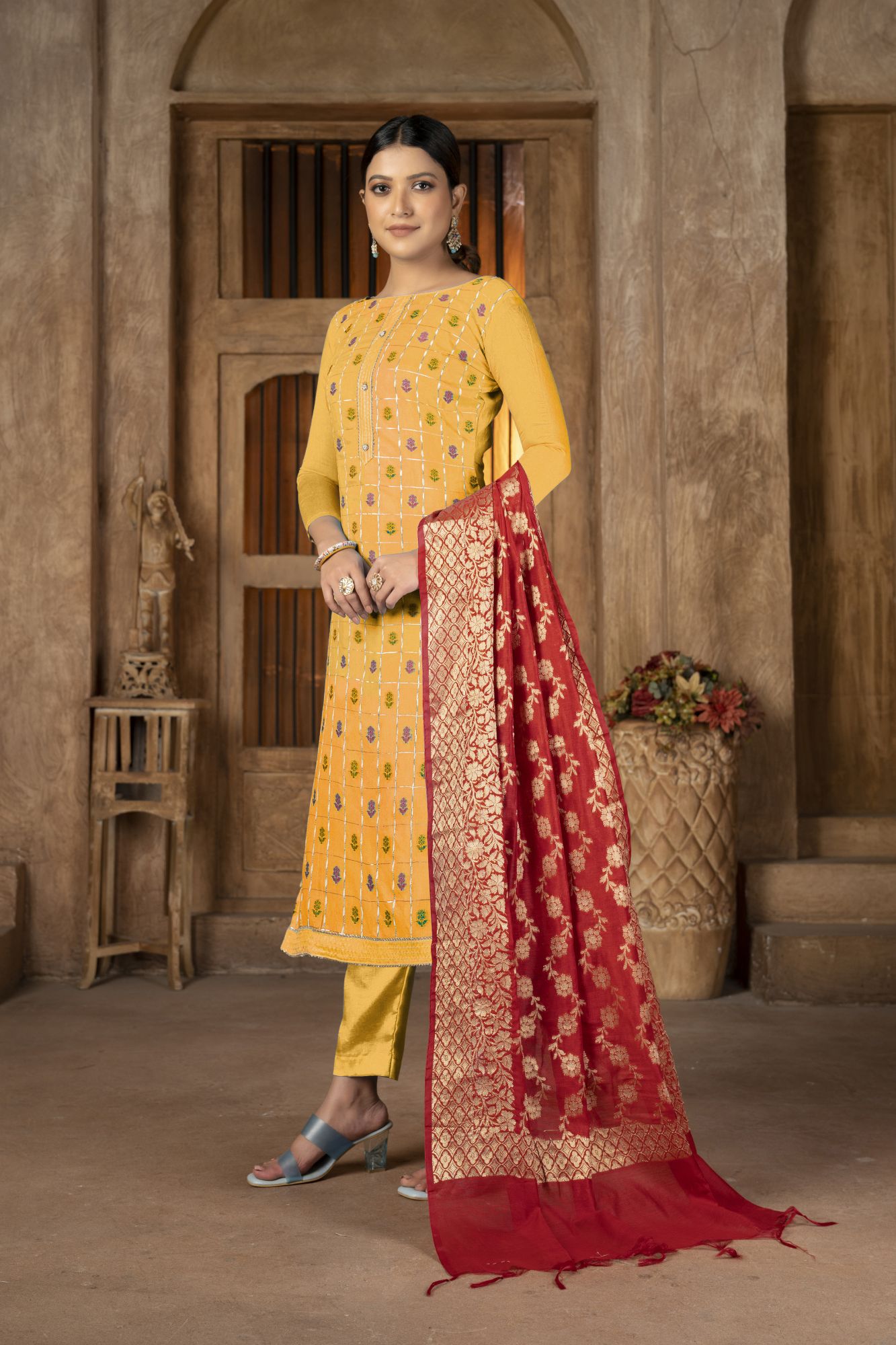 Yellow Banarasi Jacquard Embroidery Festival Party Pant Salwar Kameez