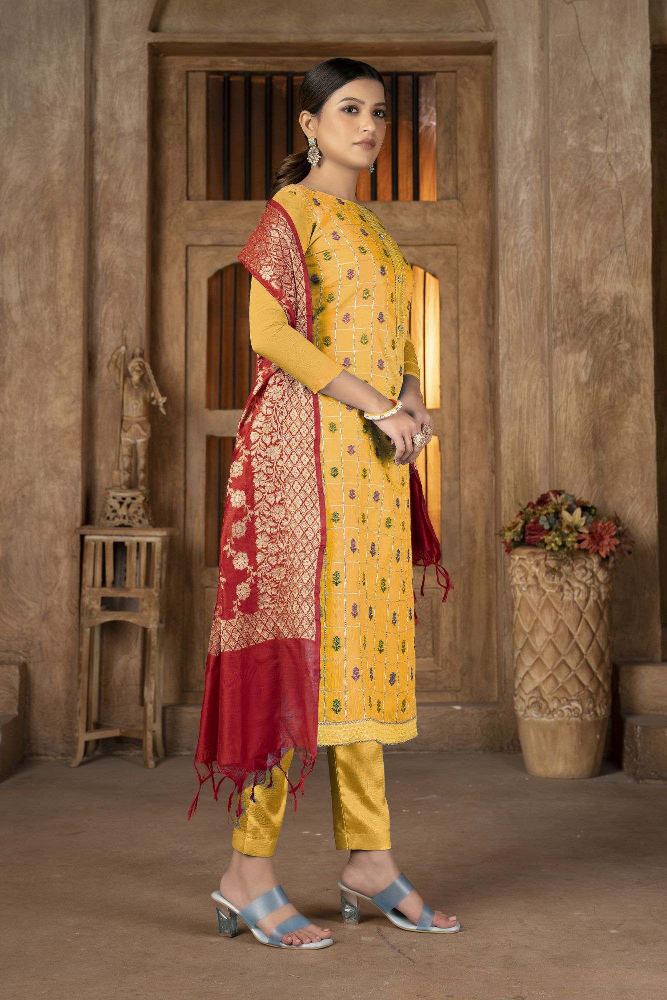 Yellow Banarasi Jacquard Embroidery Festival Party Pant Salwar Kameez