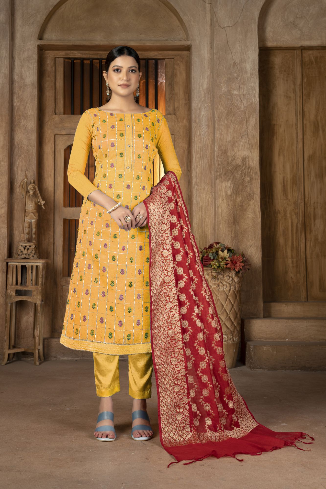 Yellow Banarasi Jacquard Embroidery Festival Party Pant Salwar Kameez