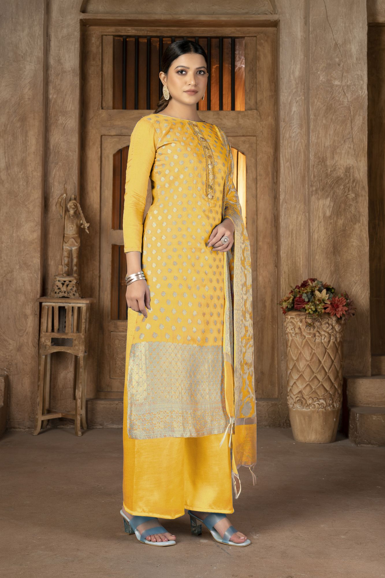 Yellow Banarasi Jacquard Embroidery Pant Salwar Kameez