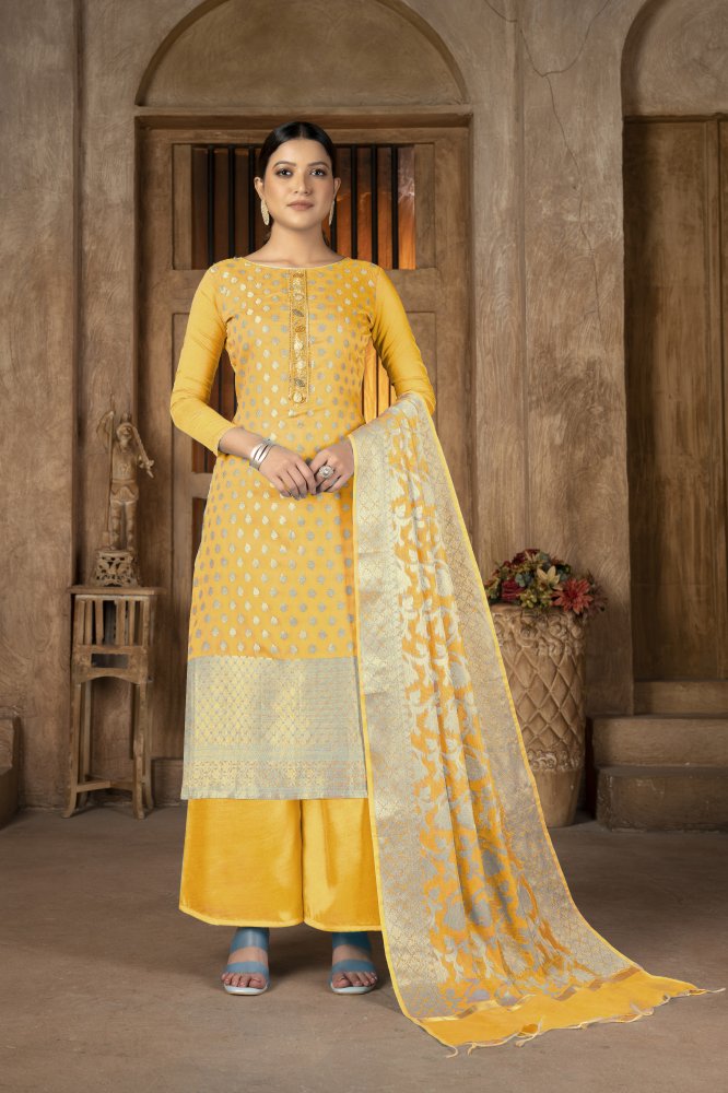 Yellow Banarasi Jacquard Embroidery Pant Salwar Kameez