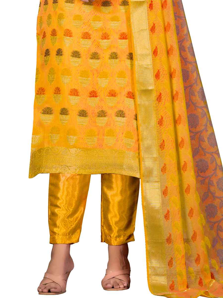 Yellow Banarasi Jacquard Handwoven Casual Festival Pant Salwar Kameez
