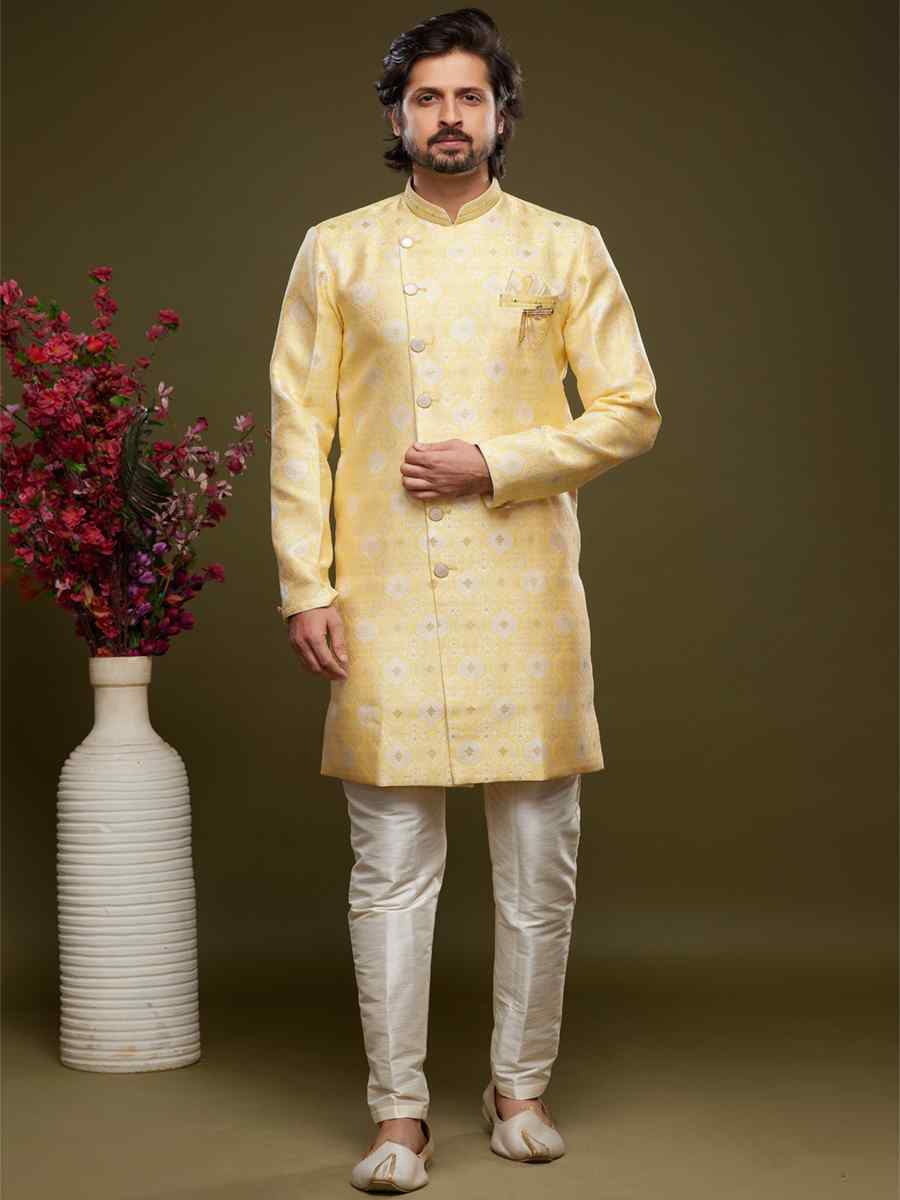 Yellow Banarasi Jacquard Woven Wedding Party Sherwani