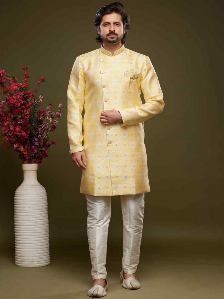 Yellow Banarasi Jacquard Woven Wedding Party Sherwani