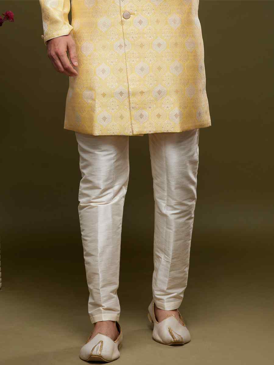 Yellow Banarasi Jacquard Woven Wedding Party Sherwani