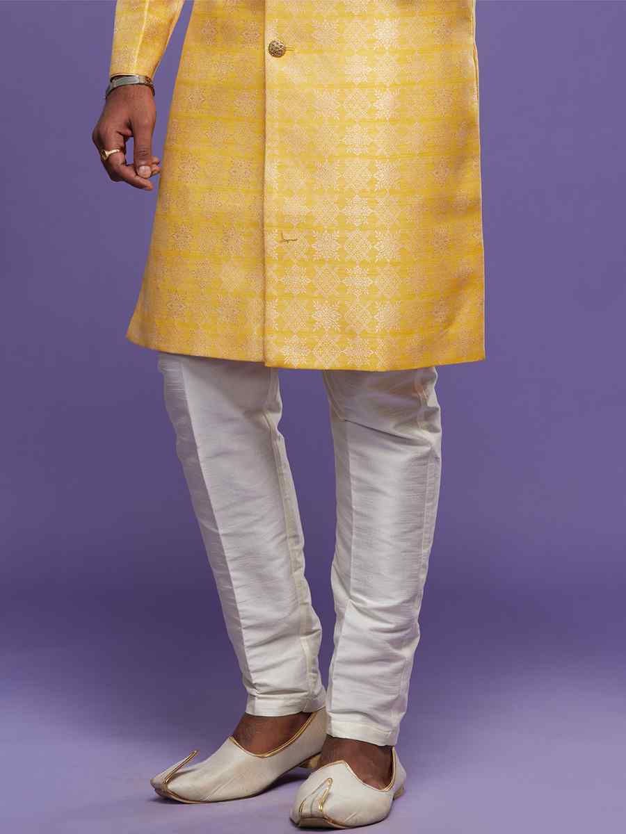 Yellow Banarasi Jacquard Woven Wedding Party Sherwani