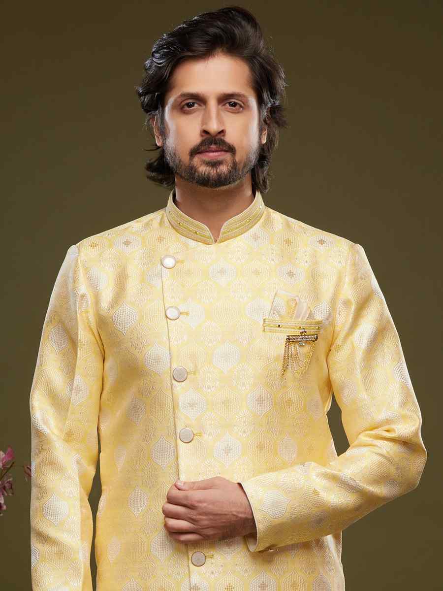 Yellow Banarasi Jacquard Woven Wedding Party Sherwani