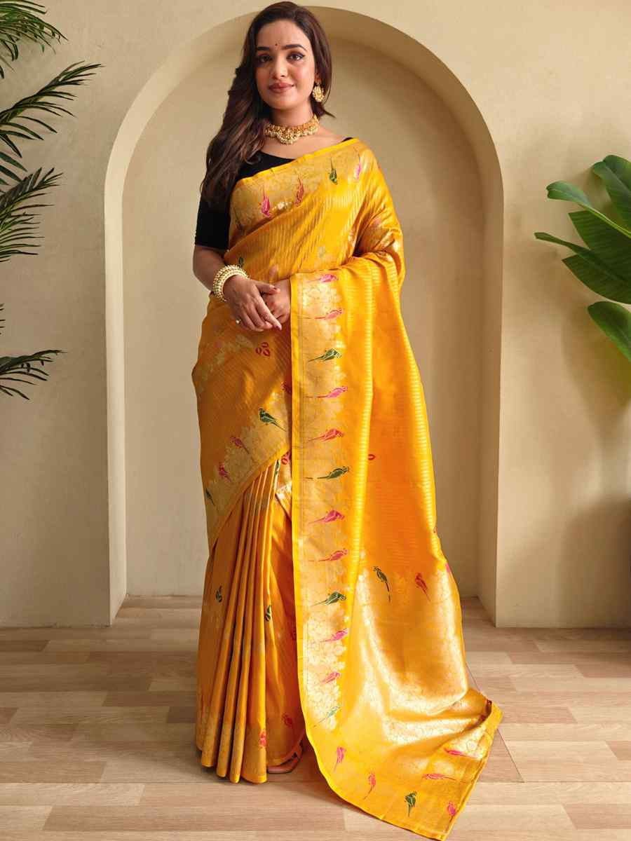 Yellow Banarasi Mushro Satin Silk Handwoven Festival Wedding Fancy Heavy Border Saree