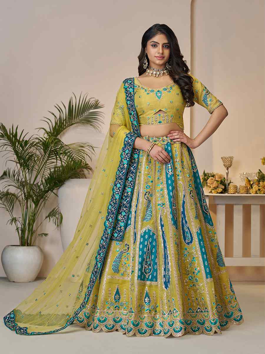 Yellow Banarasi silk  Embroidered Wedding Bridesmaid Heavy Border Lehenga Choli