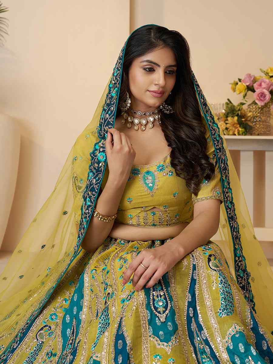Yellow Banarasi silk  Embroidered Wedding Bridesmaid Heavy Border Lehenga Choli