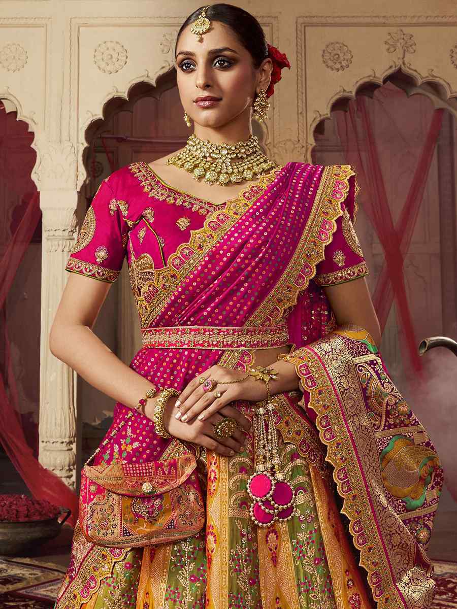 Yellow Banarasi Silk Embroidered Bridal Wedding Heavy Border Lehenga Choli