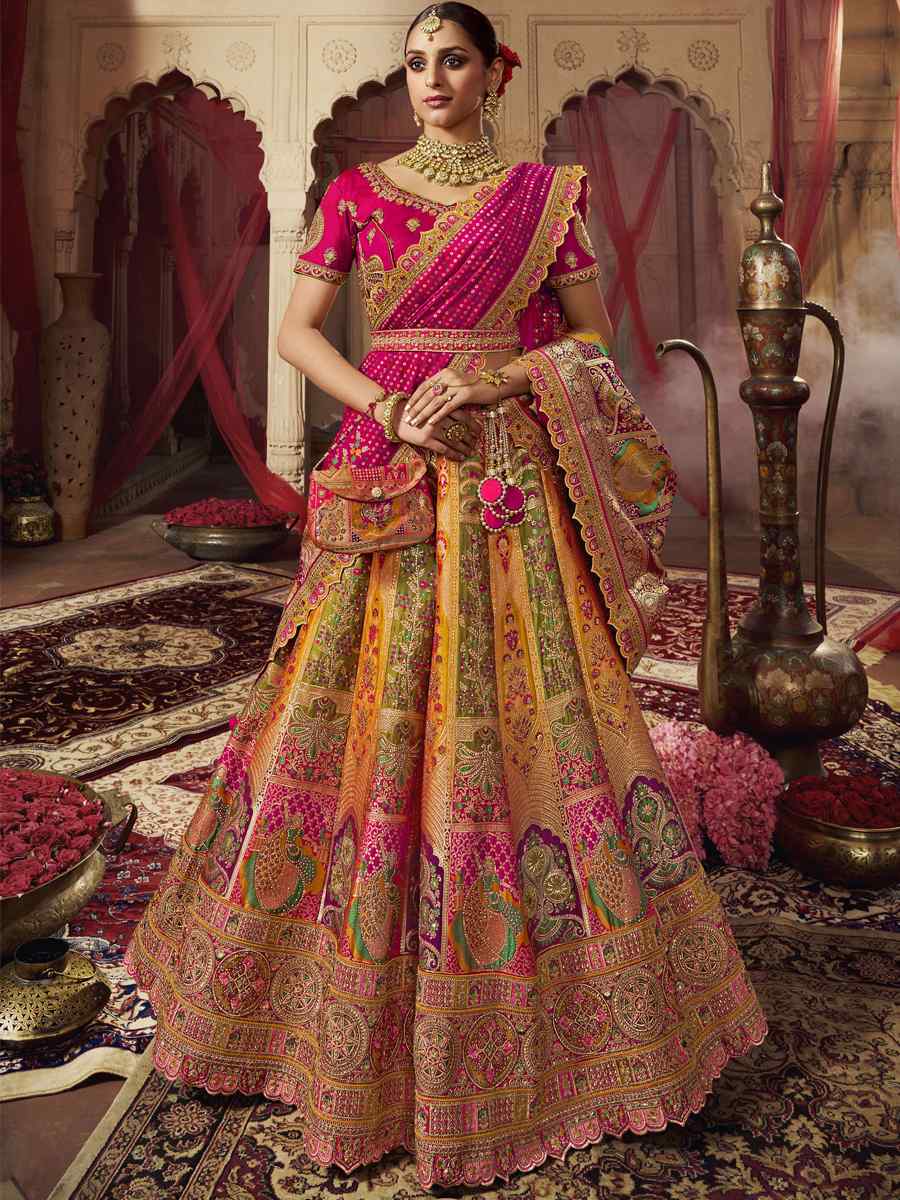 Yellow Banarasi Silk Embroidered Bridal Wedding Heavy Border Lehenga Choli
