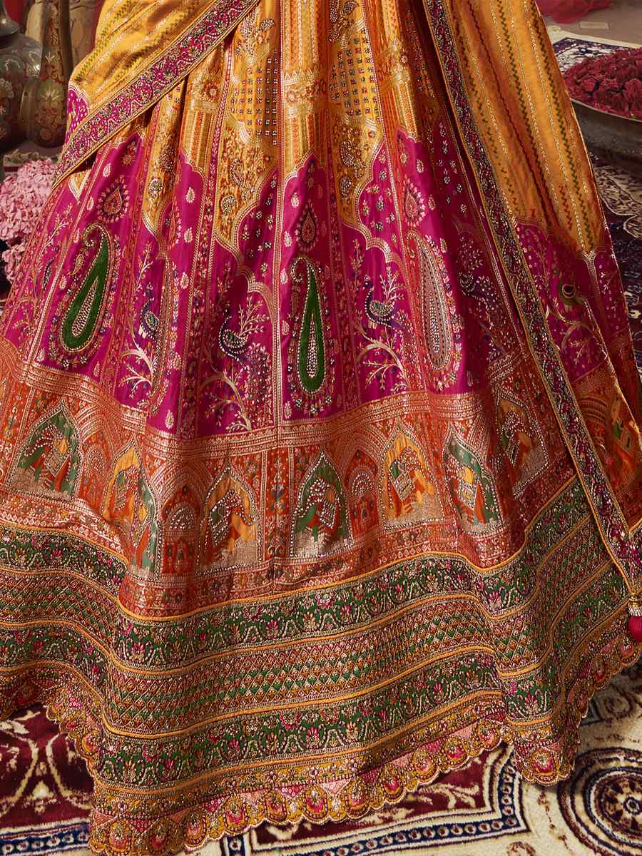 Yellow Banarasi Silk Embroidered Bridal Wedding Heavy Border Lehenga Choli