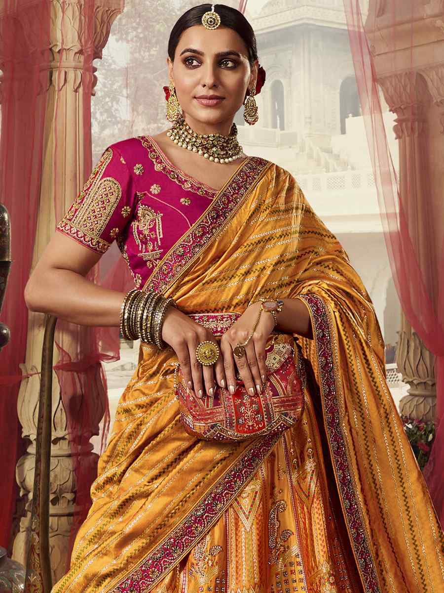 Yellow Banarasi Silk Embroidered Bridal Wedding Heavy Border Lehenga Choli