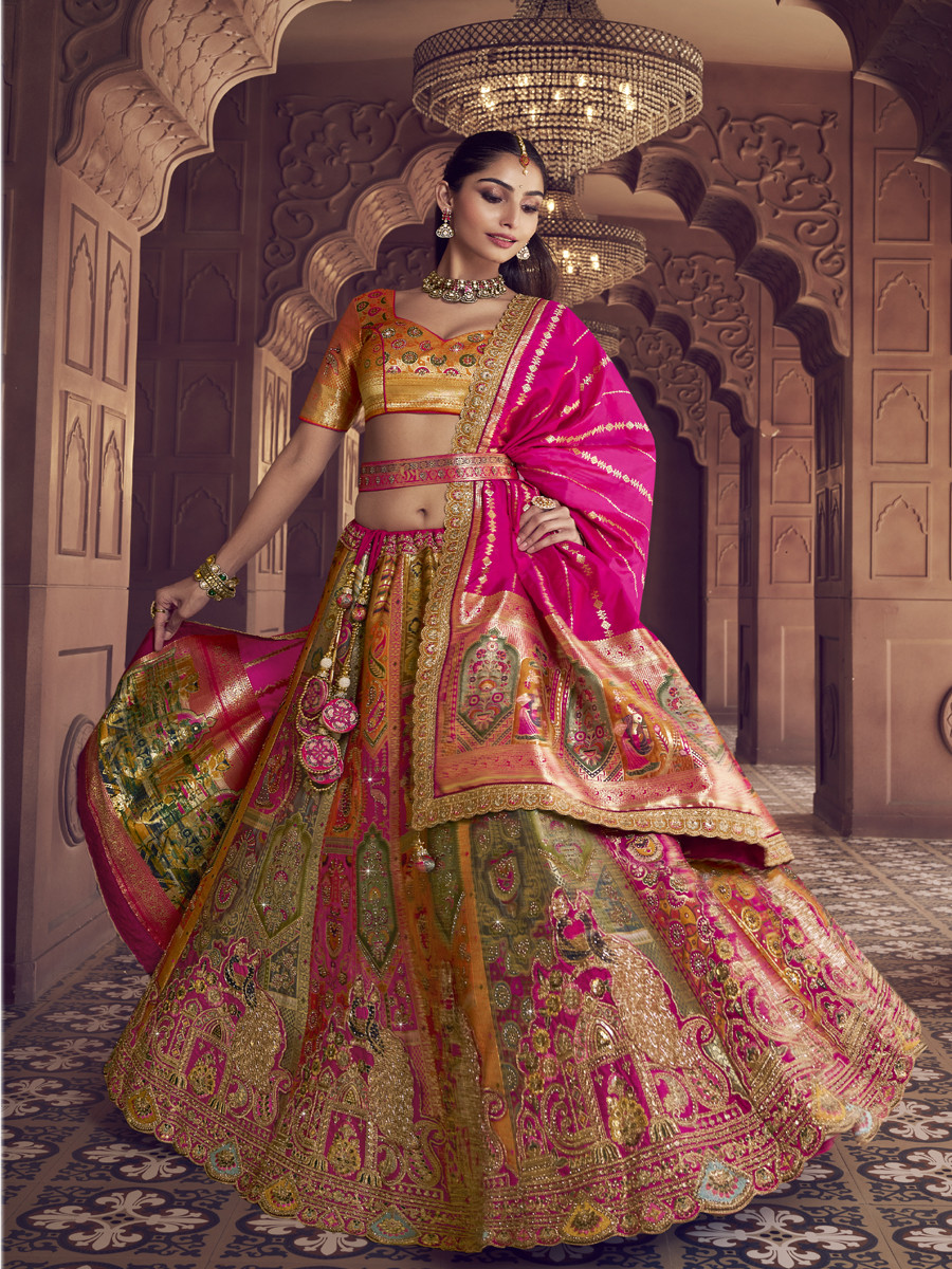 Yellow Banarasi Silk Embroidered Bridal Wedding Reception Festival Heavy Border Lehenga Choli