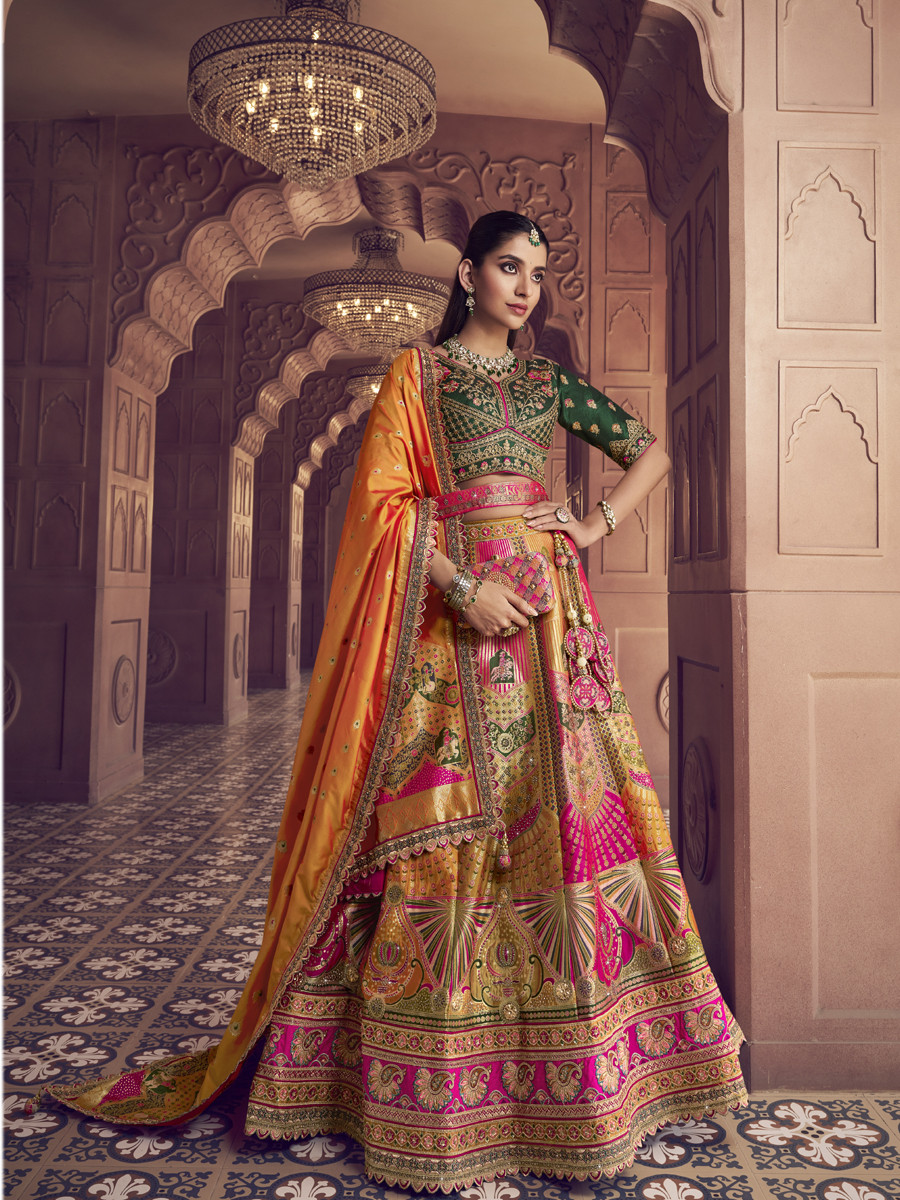 Yellow Banarasi Silk Embroidered Bridal Wedding Reception Festival Heavy Border Lehenga Choli
