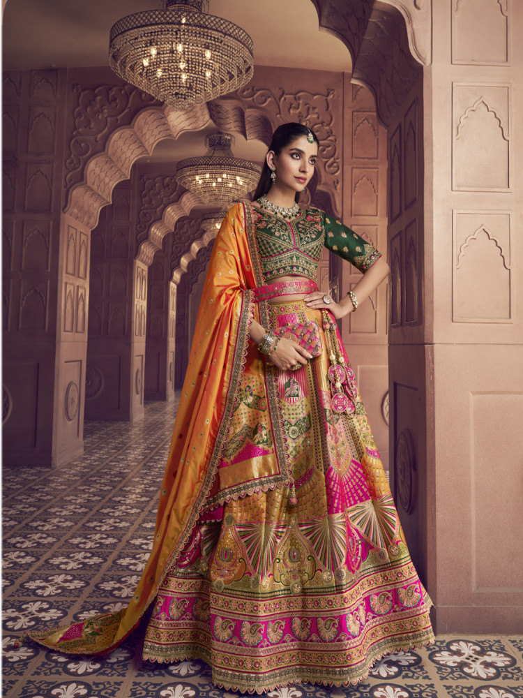 Image of Yellow Banarasi Silk Embroidered Bridal Wedding Reception Festival Heavy Border Lehenga Choli